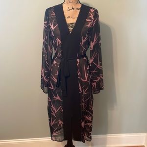 BCBG Max Azria Womens Black Kimono Bamboo Branches Metallic Printed Dress